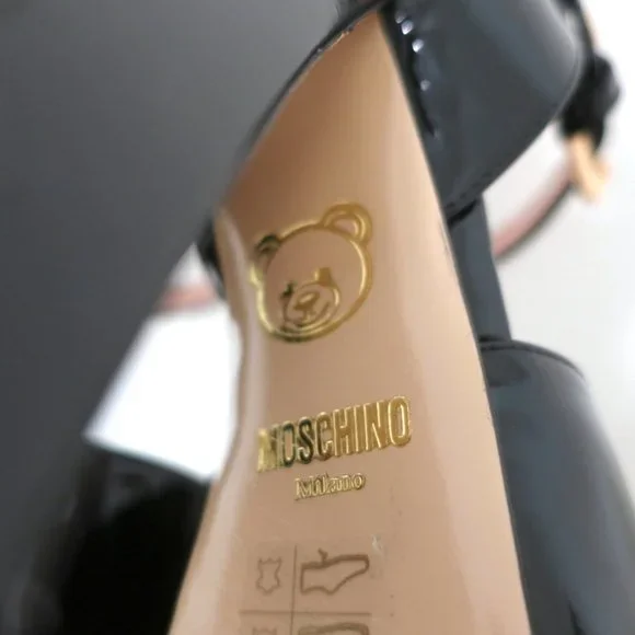 MOSCHINO PLATFORM FLARE-HEEL SANDALS BLACK PATENT LEATHER SIZE 38.5 - Picture 11 of 11